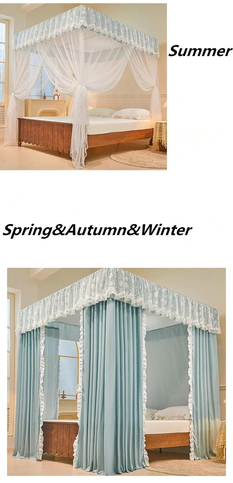 Four Season Bed Curtain Canopy for Girl Room Palace Mosquito Net with Frame Romantic Shading Three-door Bedcover Decor