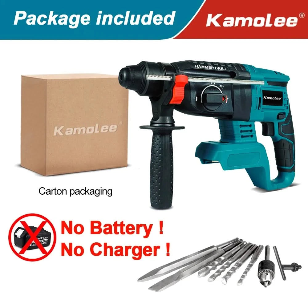 Kamolee 2000W 10600IPM Brushless Cordless Rotary Hammer Drill Rechargeable Electric Hammer Impact Drill
