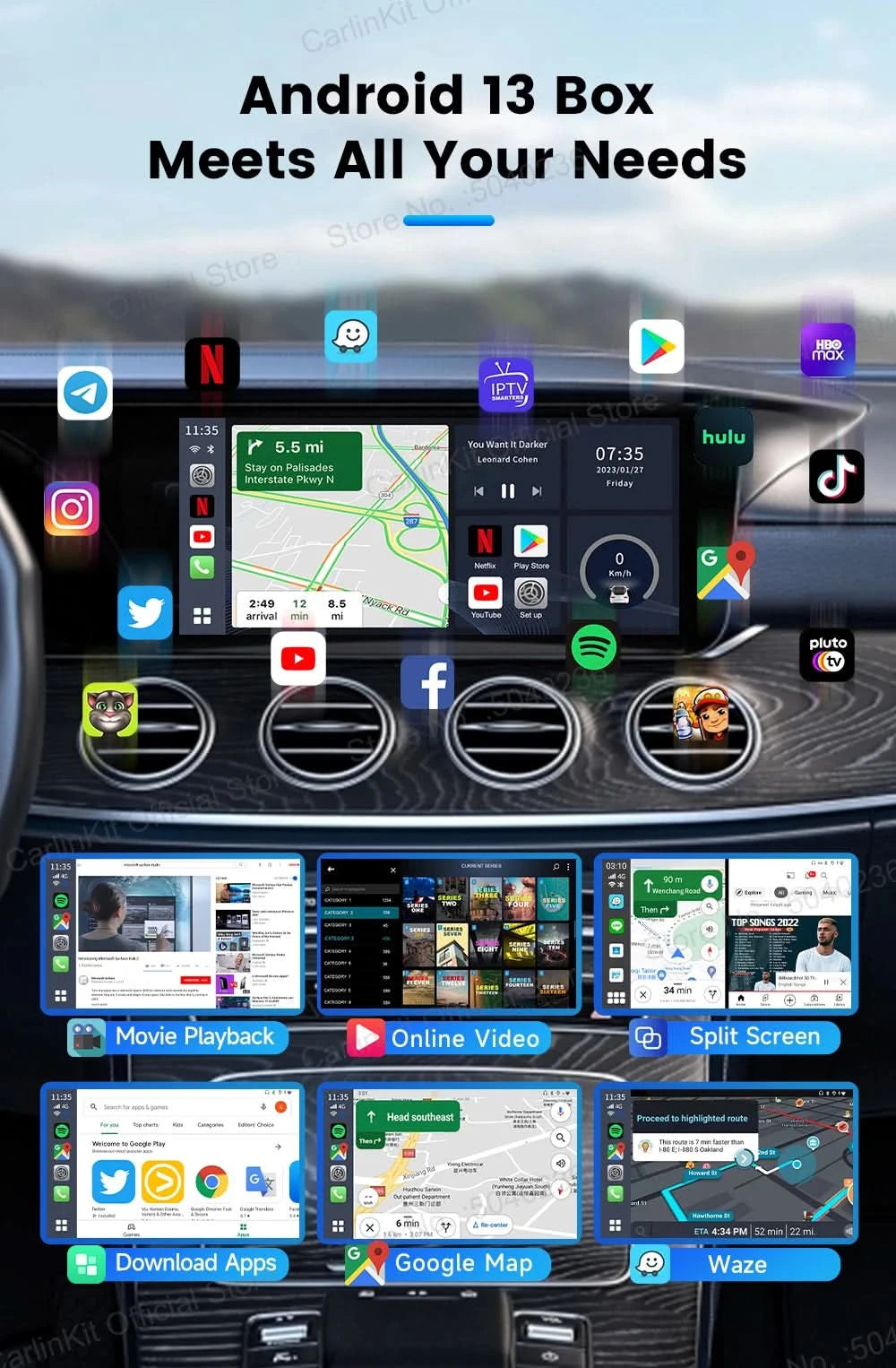 CarlinKit S2 CarPlay Ai Box LED Android 13 Streaming Box 64G/128G Qualcomm 8-Core Split Screen Car Intelligent System Play Video