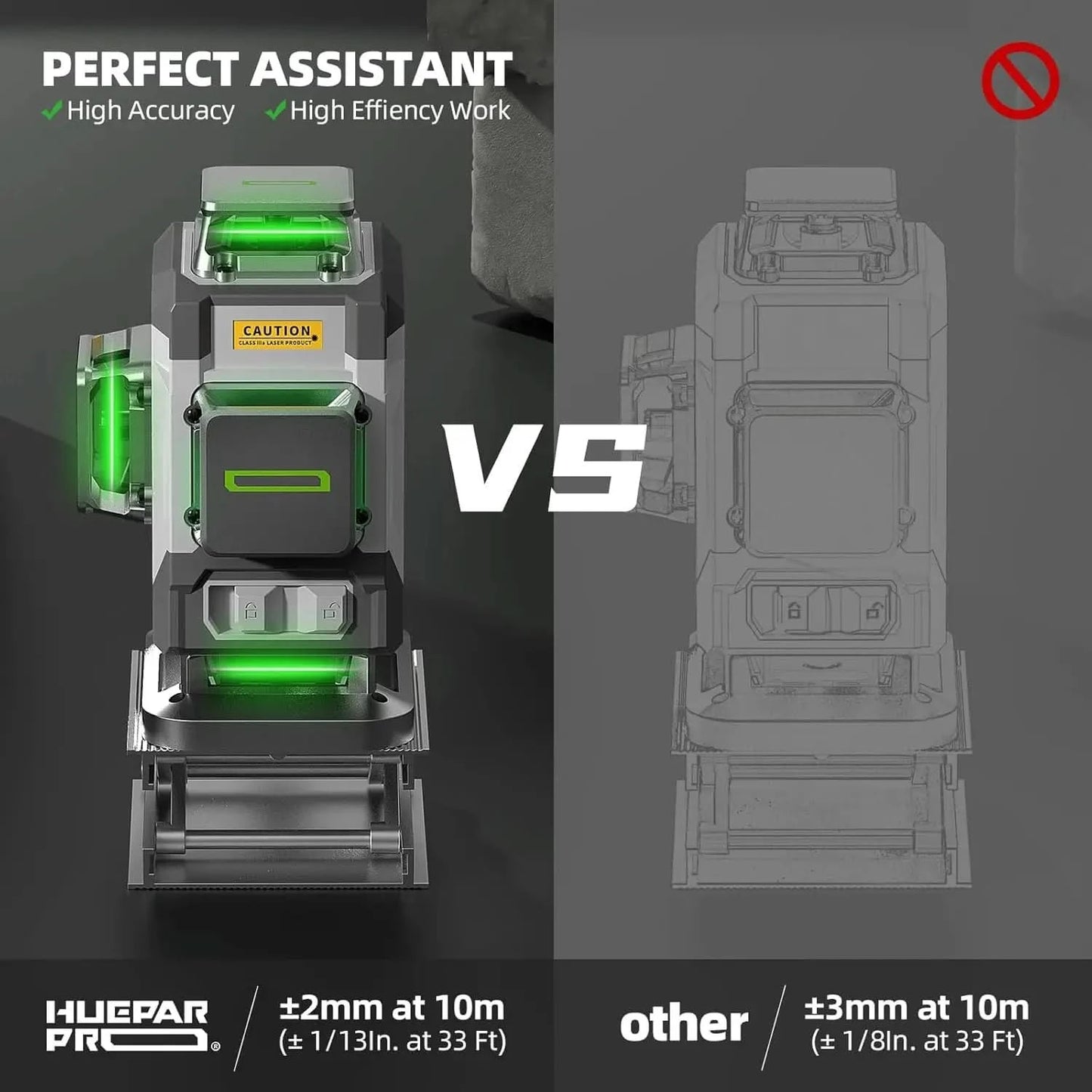 Huepar 4D Cross Line Laser Level High Accuracy ±2mm/10m Self Leveling Green Laser Tools With 8000mAh Li-ion Battery & Receiver