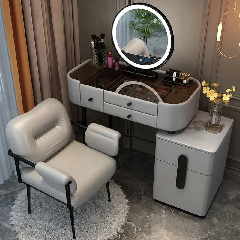 Luxury Jewelery Storage Dressing Table Glass Top Girls Unique Makeup Mirror Beauty Dressing Table Light White Muebles Decoration