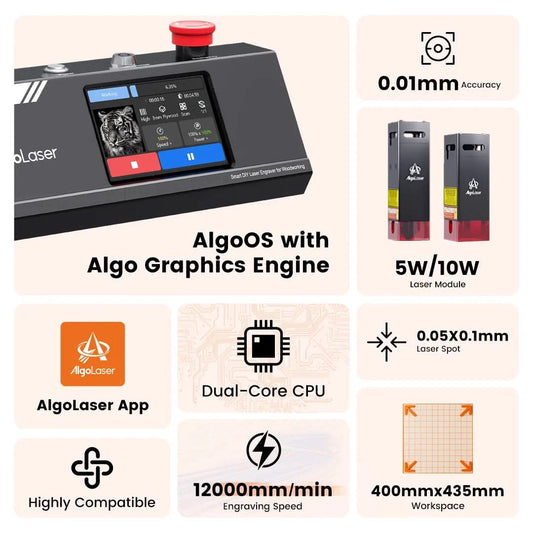 AlgoLaser DIY KIT MK2 10W Laser Engraving Cutting Machine Touch Screen for Wood Metal 10W Output Power Offline Work 400X435MM