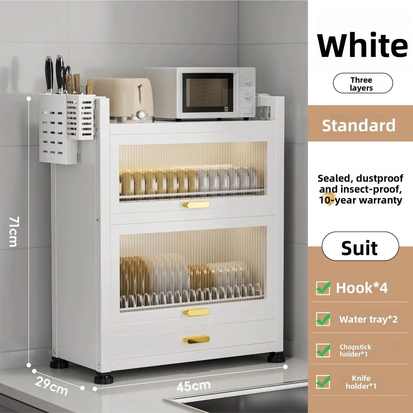 Kitchen cupboard storage box with door, dust-proof bowl rack, countertop, dish storage rack, chopsticks, dishes, drain rack