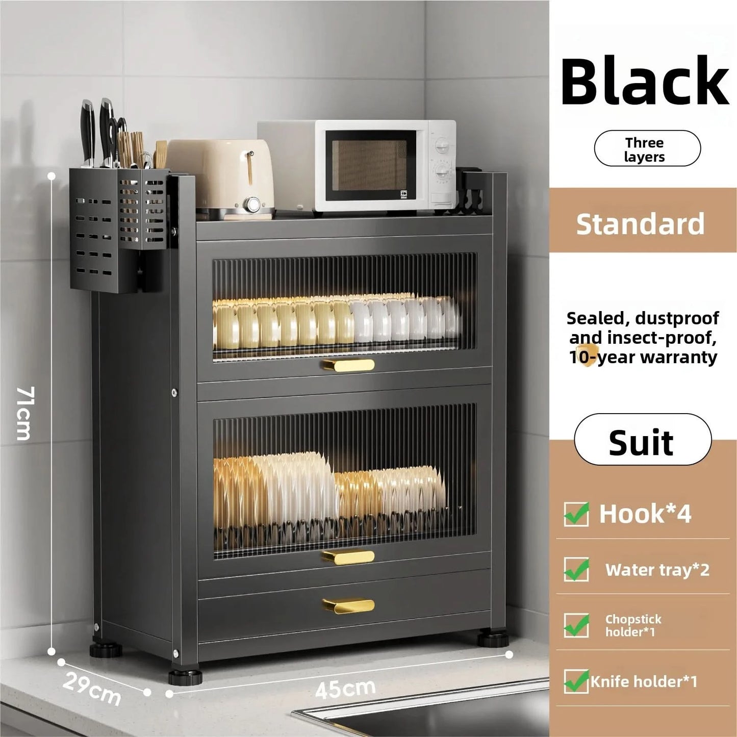 Kitchen cupboard storage box with door, dust-proof bowl rack, countertop, dish storage rack, chopsticks, dishes, drain rack