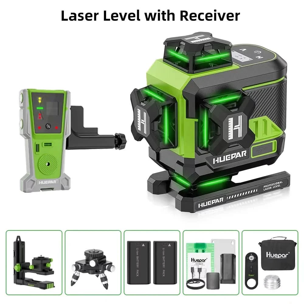 Huepar 16 Lines 4D Self-Leveling Laser Level 4x360°Cross Line Laser with LCD Screen Bluetooth & Remote Control 2x Battery Z04CG