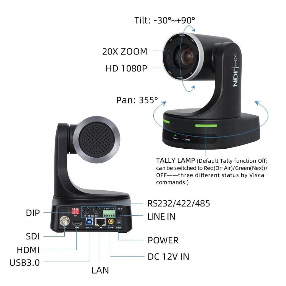 NDI HX POE Church PTZ Camera 12/20X Zoom 60fps USB HDMI LAN SDI Control for Video Conference Broadcast Youtbe with Tally Light