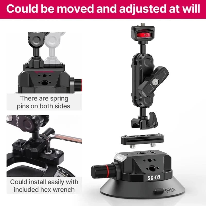 Ulanzi Car Phone Action Camera Holder Hand Pump 360° Suction Cup Adjustable Professional For GoPro for Insta360 for DJI Action