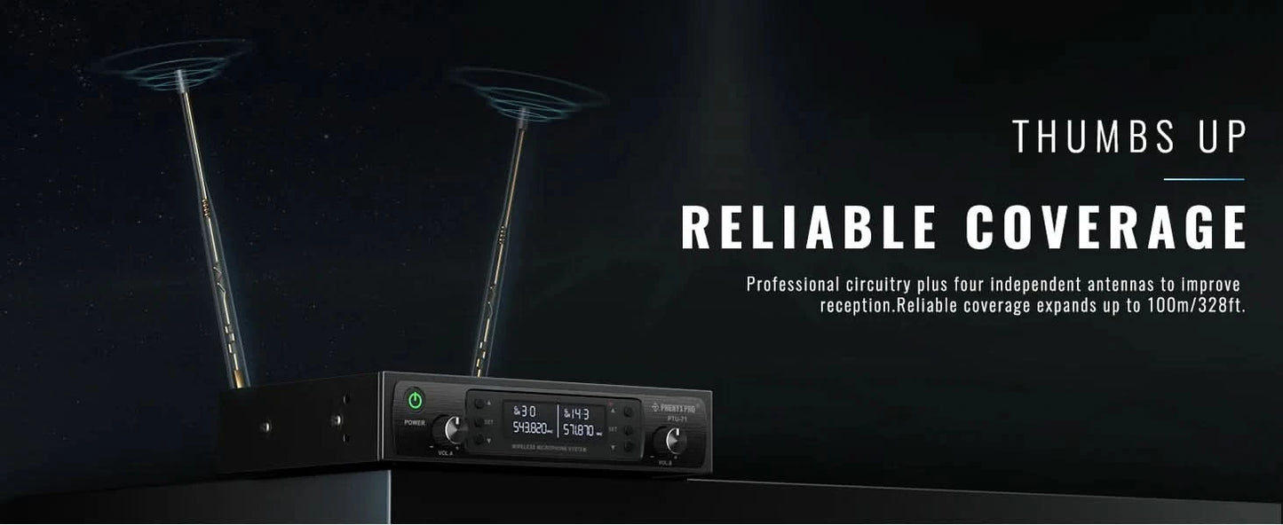 Phenyx Pro UHF Profeesional Adjustable Dual Wireless Microphone System for Stage Performances Sturdy Metal Build 100M PTU71
