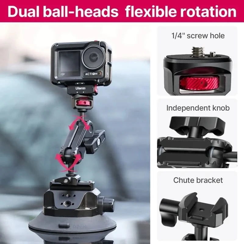 Ulanzi Car Phone Action Camera Holder Hand Pump Suction Cup 360° Adjustable 1/4" for GoPro for Insta360 DJI Action Smart Phone