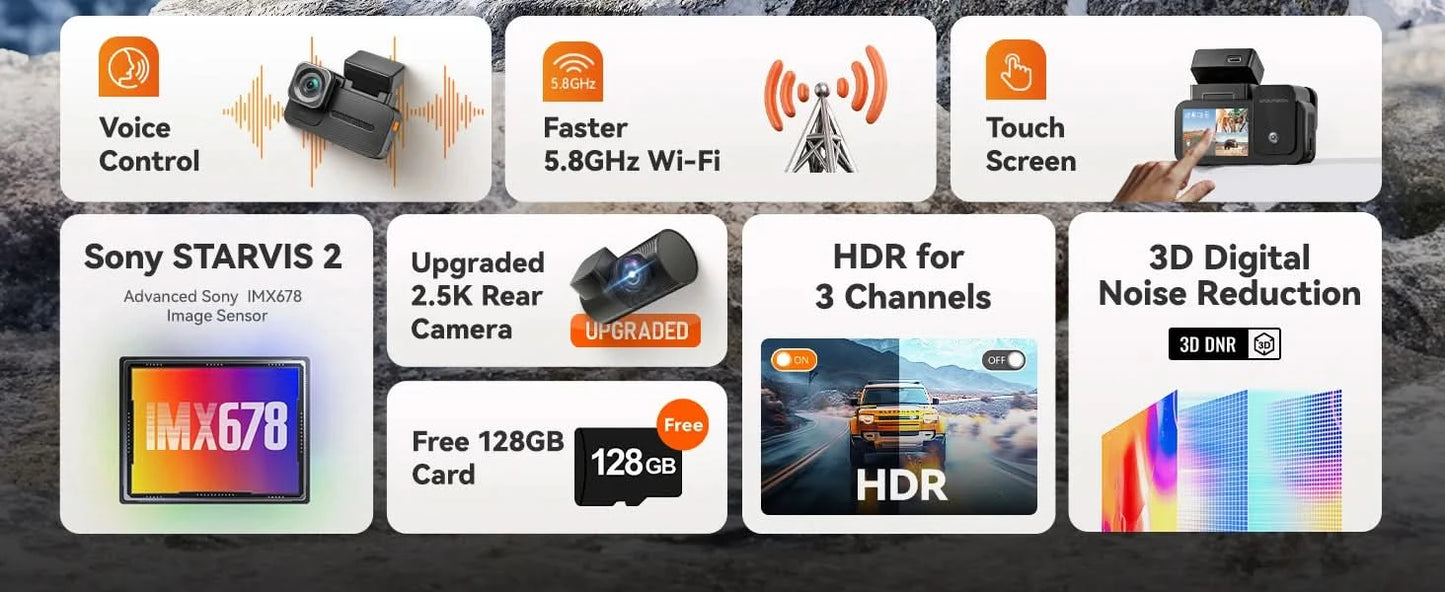 WOLFBOX X5 3 Channel 4K Dash Cam STARVIS 2 IMX678 4K+2.5K Front and Rear Inside Triple Car Camera 5.8GHz WiFi Mirror Car DVR