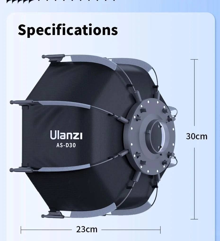 Ulanzi AS-D30 30cm Octagonal Softbox Mini Bowens Mount Quick Release Honeycomb Grid Softbox for Ulanzi LT028 LT005 COB Light