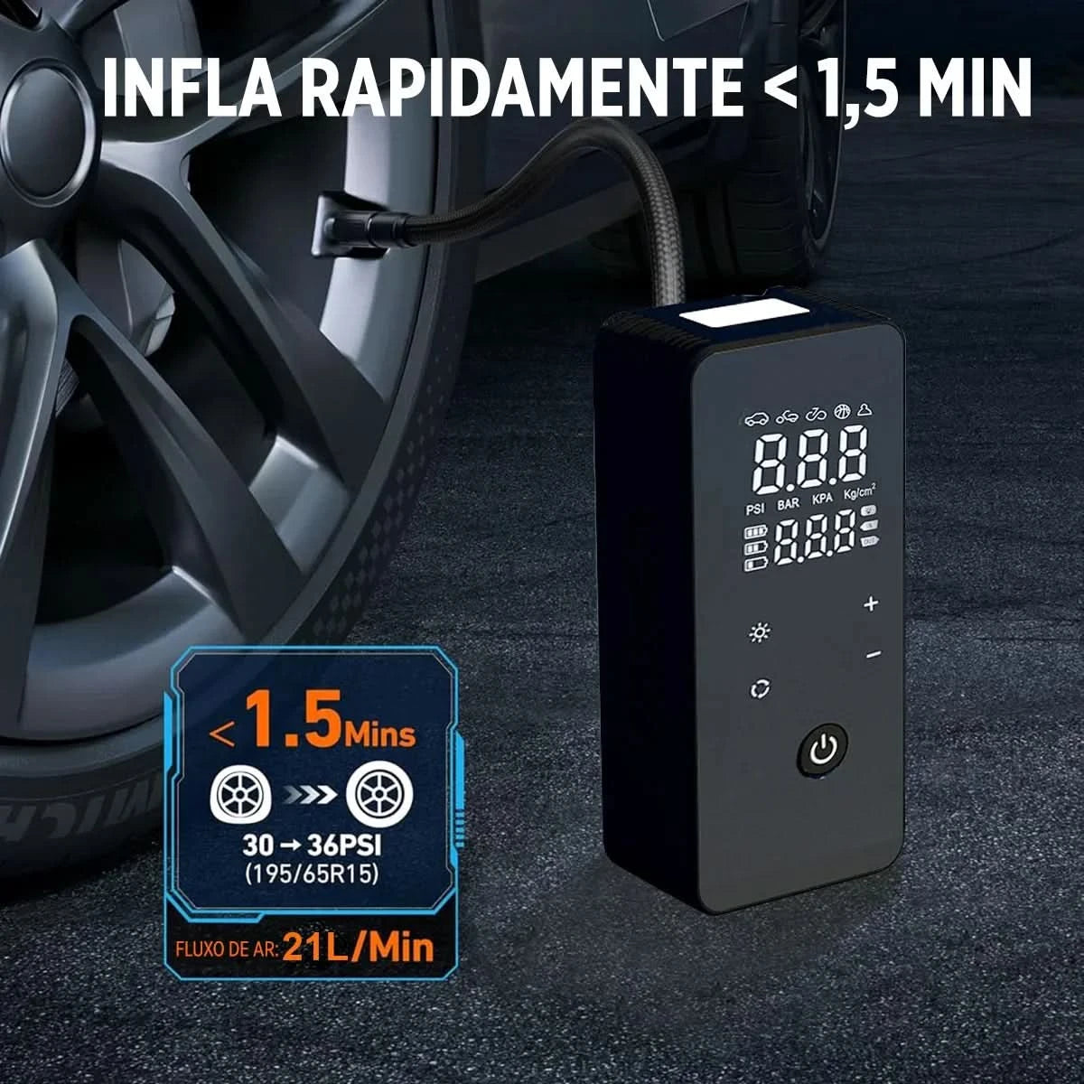 Portable Rechargeable Air Pump, Smart Touchscreen Screen Fill Tyre With Tire Calibrator And LED Emergency Light
