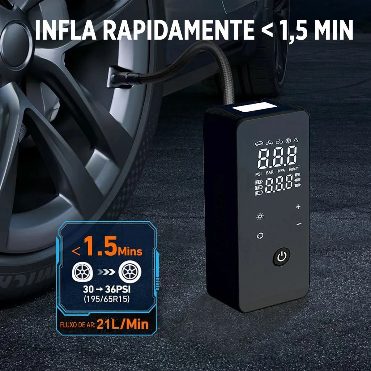 Portable Rechargeable Air Pump, Smart Touchscreen Screen Fill Tyre With Tire Calibrator And LED Emergency Light