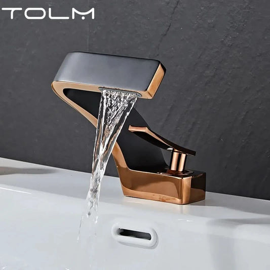 TOLM Messing Schwarz Gold Waschtischarmatur Badezimmer Waschbeckenarmaturen Warm Kalt Wasserhahn Mischer Deck Montiert Einhebel Loch Bad Küche