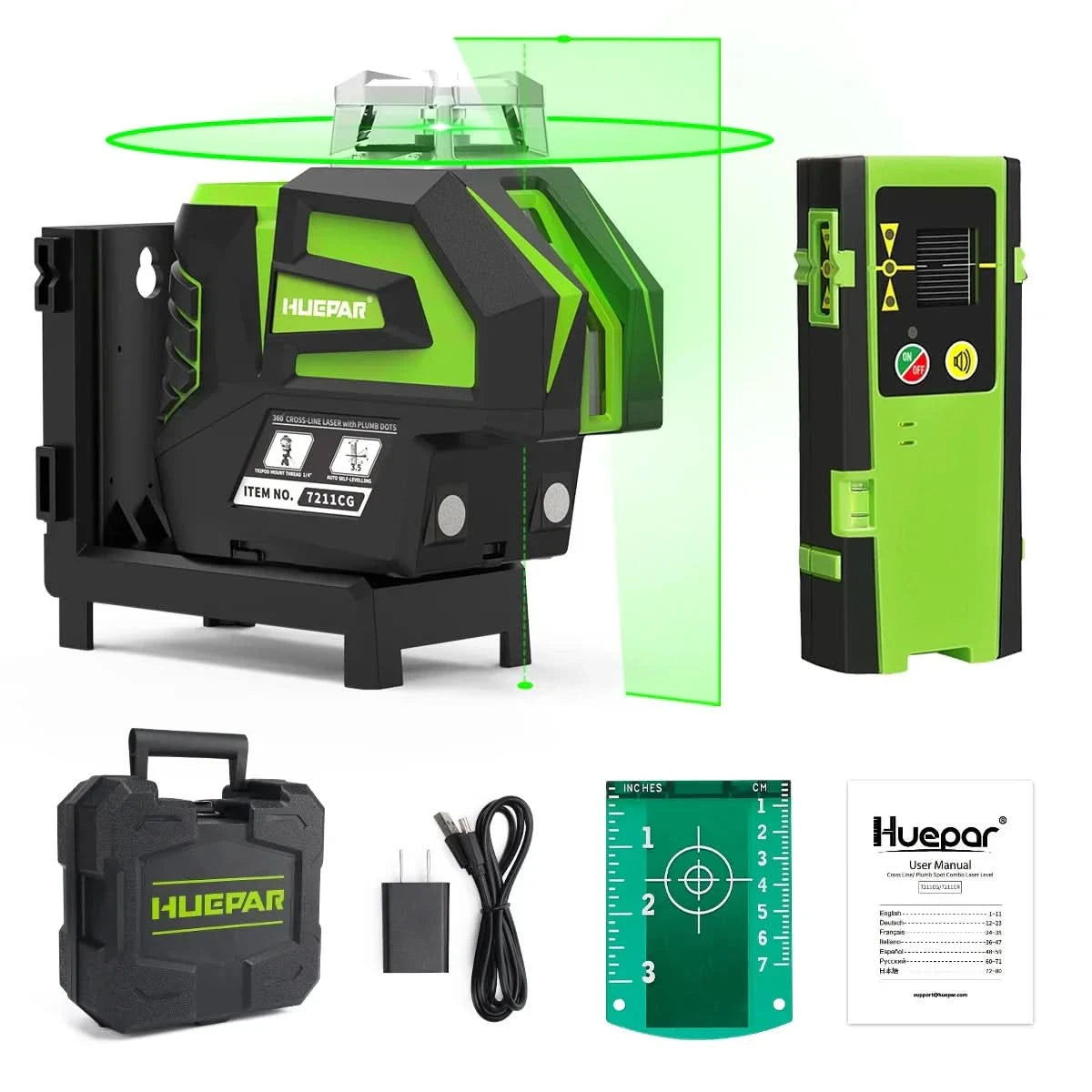 Huepar 7211CG Grüner Kreuzlinienlaser selbstnivellierend 2 Lotpunkte Li-Ionen-Akku 360° Horizontale Linie Fächerwinkel-Laserwerkzeug