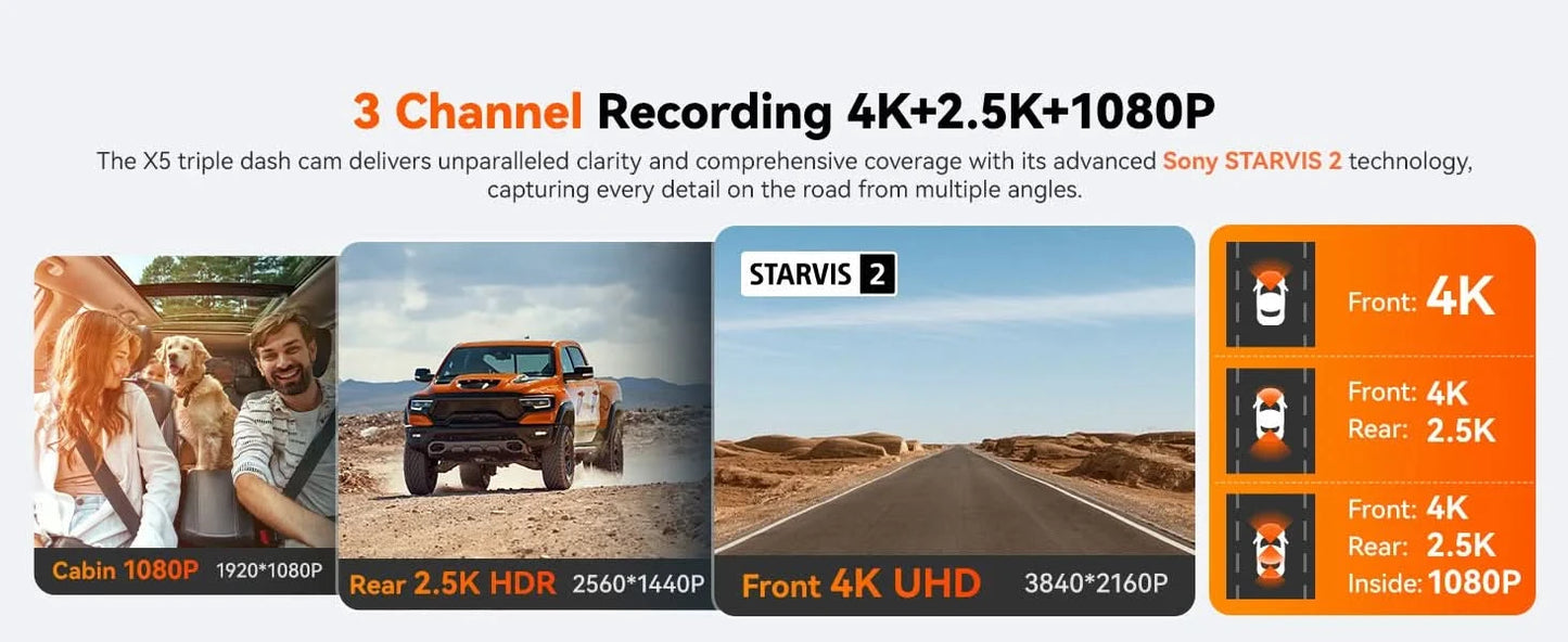 WOLFBOX X5 3 Channel 4K Dash Cam STARVIS 2 IMX678 4K+2.5K Front and Rear Inside Triple Car Camera 5.8GHz WiFi Mirror Car DVR