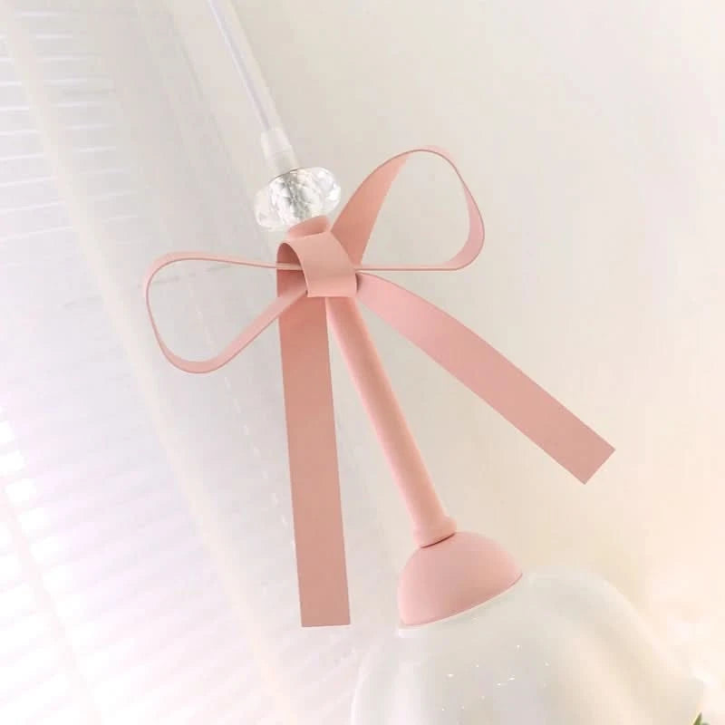 Romatic Princess Room Girl LED Pendant Lamp For Bedroom Lighting Ceramic Glass Sconces Pink Bowknot Ceiling Suspended Light