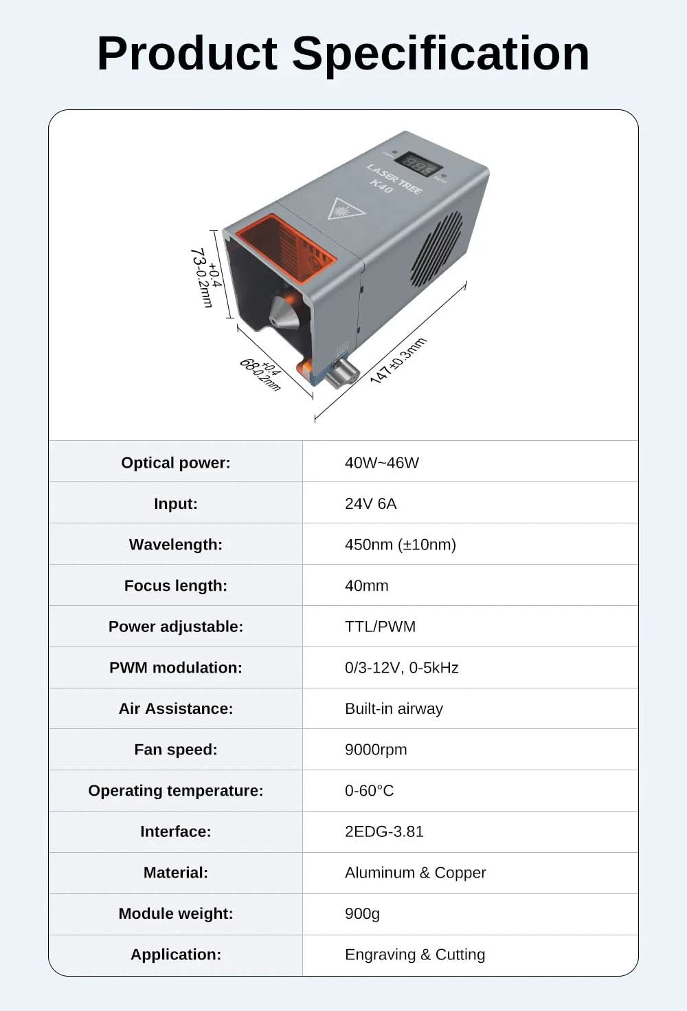 LASER TREE Laser Module 10W/20W/30W/40W Optical Power with Air Assist Laser Head TTL Blue Light for Engraver Cutting Wood Tools