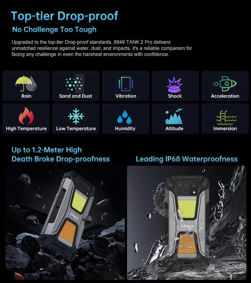 Unihertz Tank 2 PRO 8849 Rugged phones with Projector 2.4K 23800 mAh 24GB+512GB Android 14 100MP NFC 120W G99 Octa Core Dual SIM