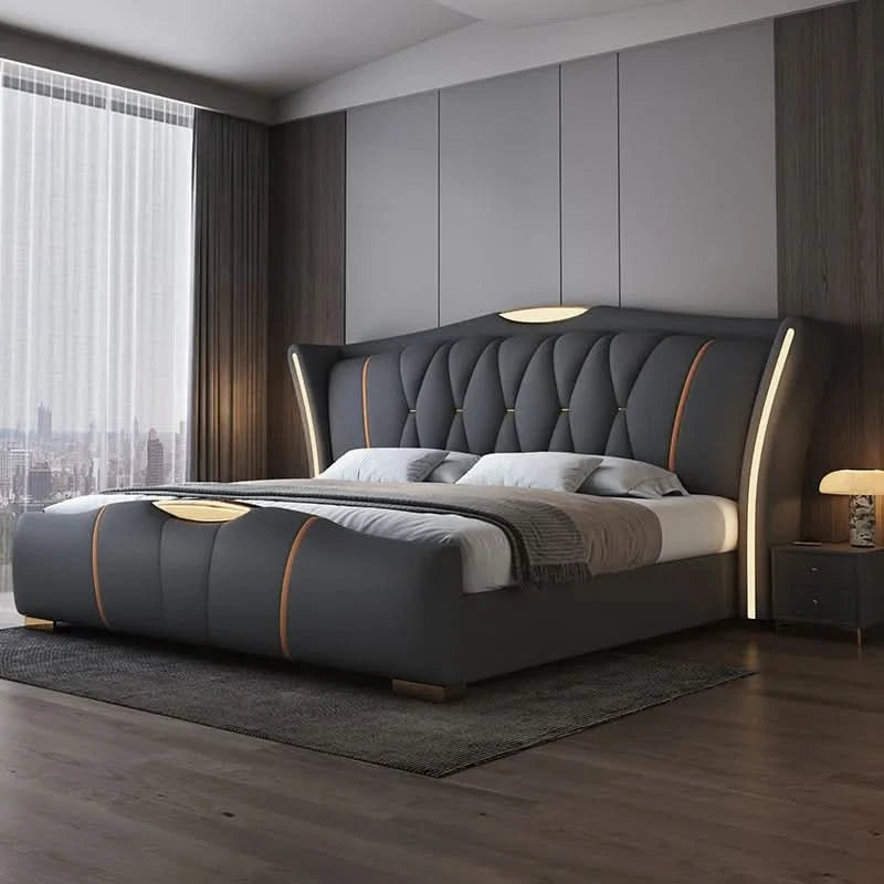Home Leather bed with light modern minimalist lit 150x200 180x200 200x220 cm Double bed 2 people bedroom beds frames Furniture