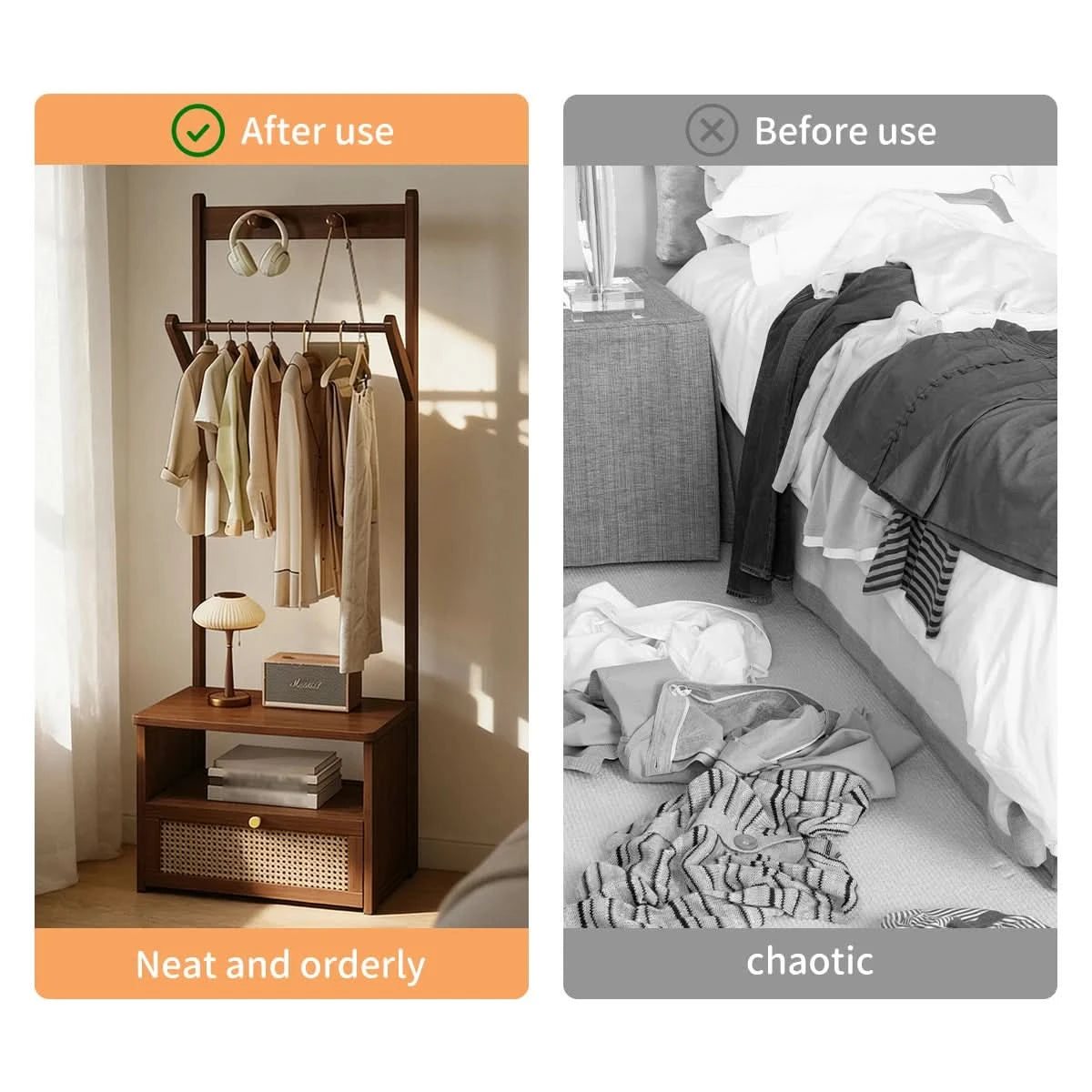 Bamboo 2-in-1 Bedside Rack & Nightstand - Small Space (40/50cm) with Drawer, Shelf & Hanging Rod for Essentials