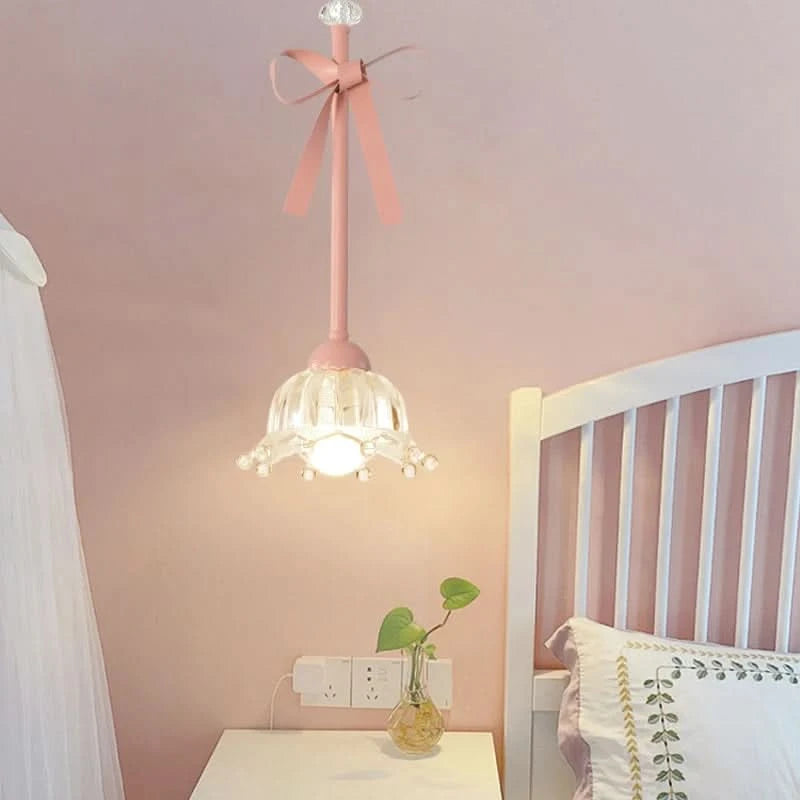 Romatic Princess Room Girl LED Pendant Lamp For Bedroom Lighting Ceramic Glass Sconces Pink Bowknot Ceiling Suspended Light