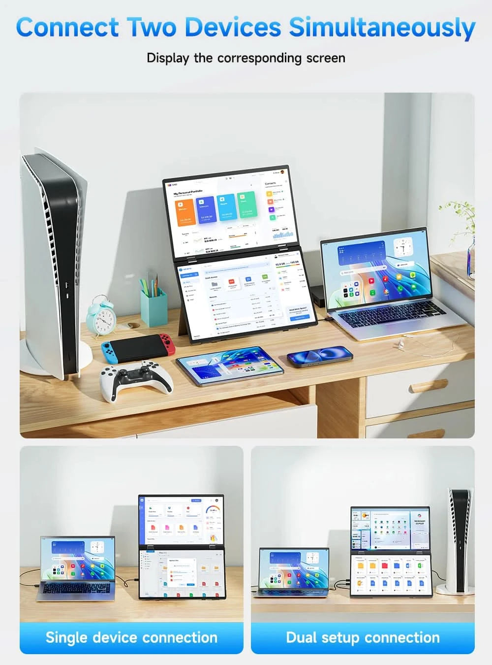 EVICIV Stacked Portable Monitor 15.6 Inch Dual Foldable Travel Display 1080P 100% sRGB USB-C HDMI Triple Laptop Screen Extender