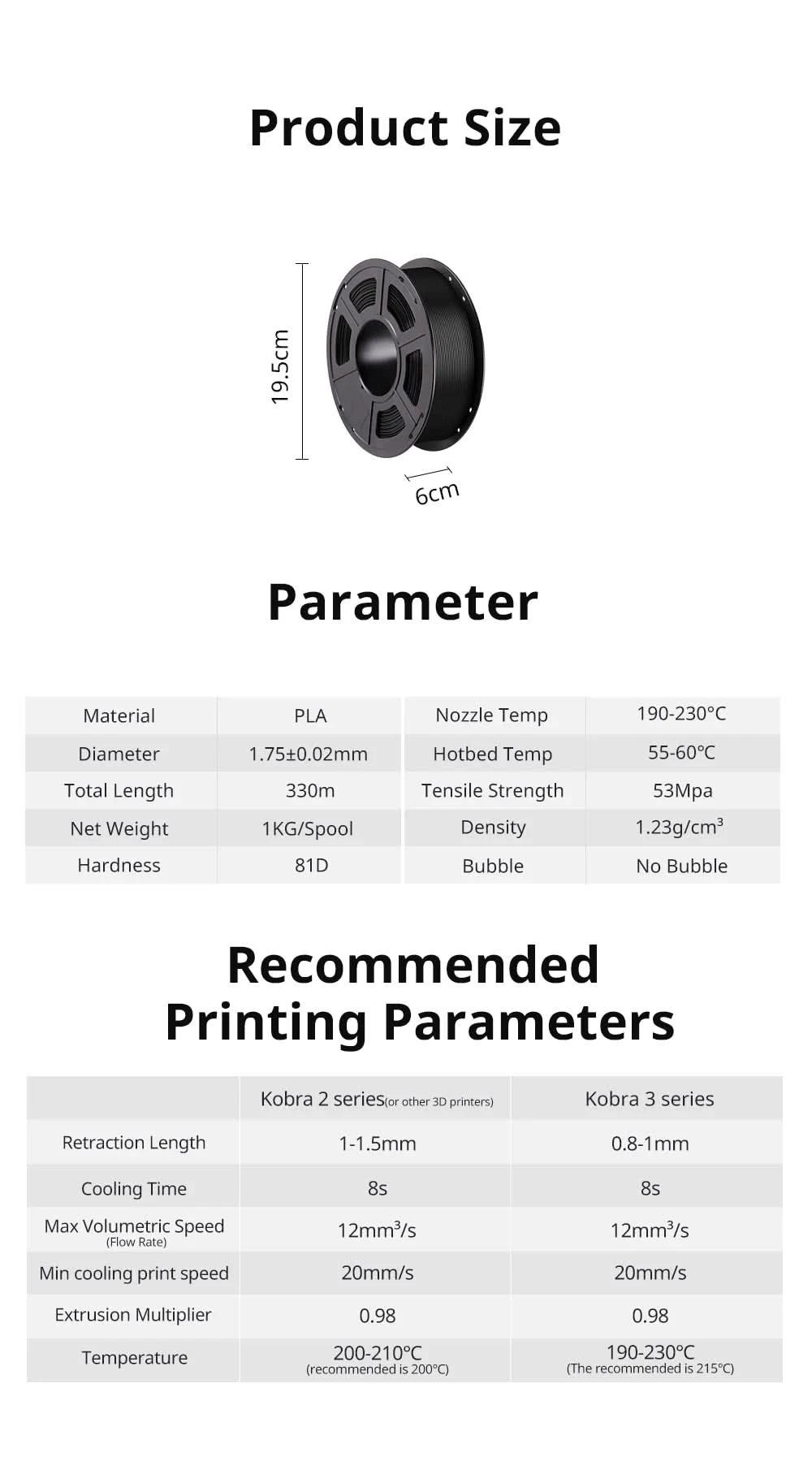 Anycubic PLA Filament 1.75mm 1kg/Roll for FDM 3D Printer Printing Plastic Consumables Material for Kobra 2 Neo Pro Max Plus