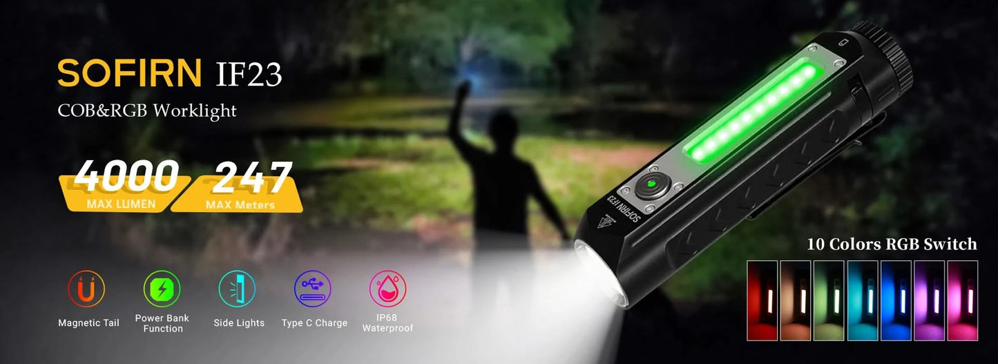 Sofirn IF23 RGB Light 4000lm Powerful LED Flashlight 21700 5V 3A USB C Rechargeable Floodlight Spotlight Torch with Magnetic