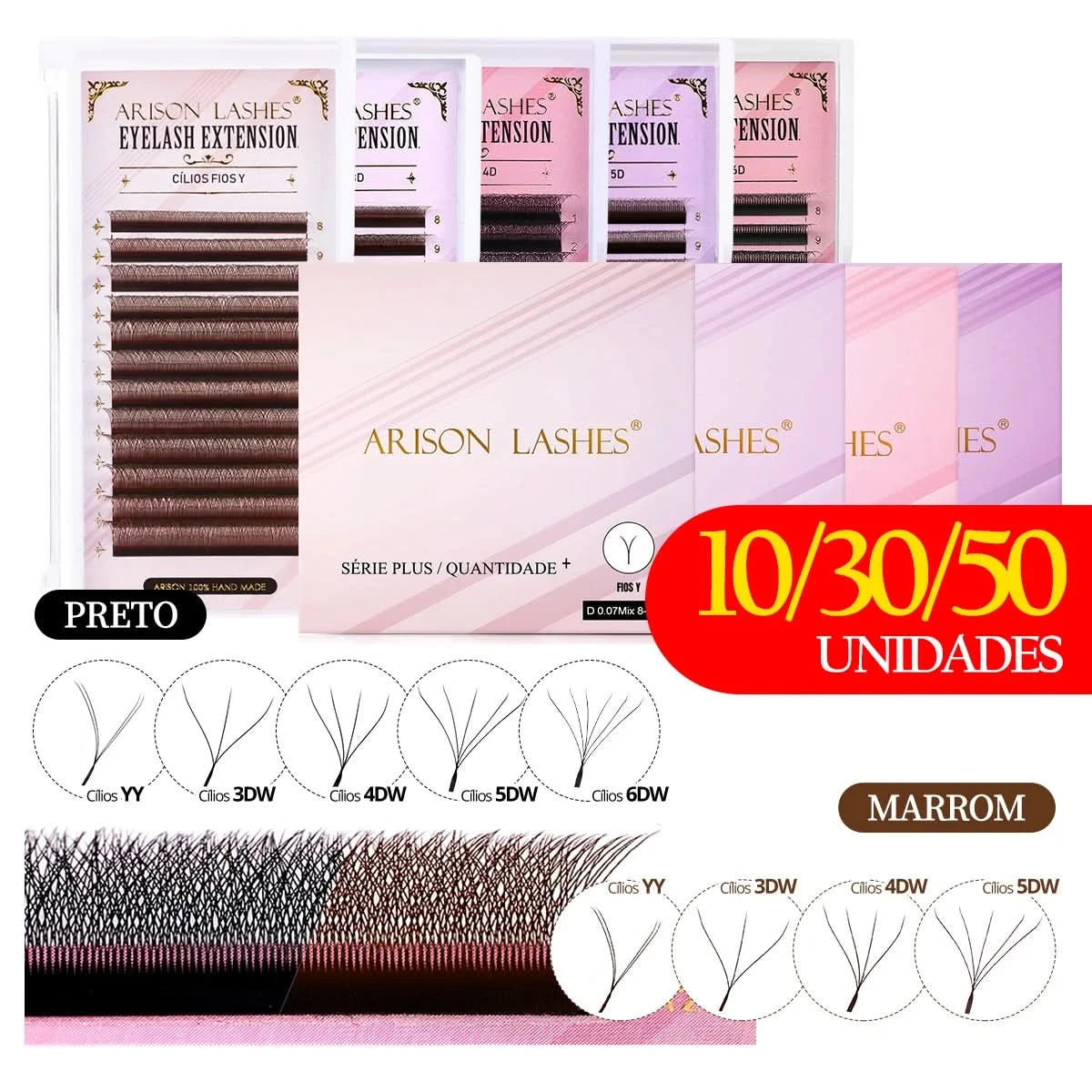 [Brazil Warehouse]ARISON Wholesale 10/30/50pcs YY/W-shape Lashes Premade Volume Eyelashes Extension 3D/4D/5D/6D/8D Lash