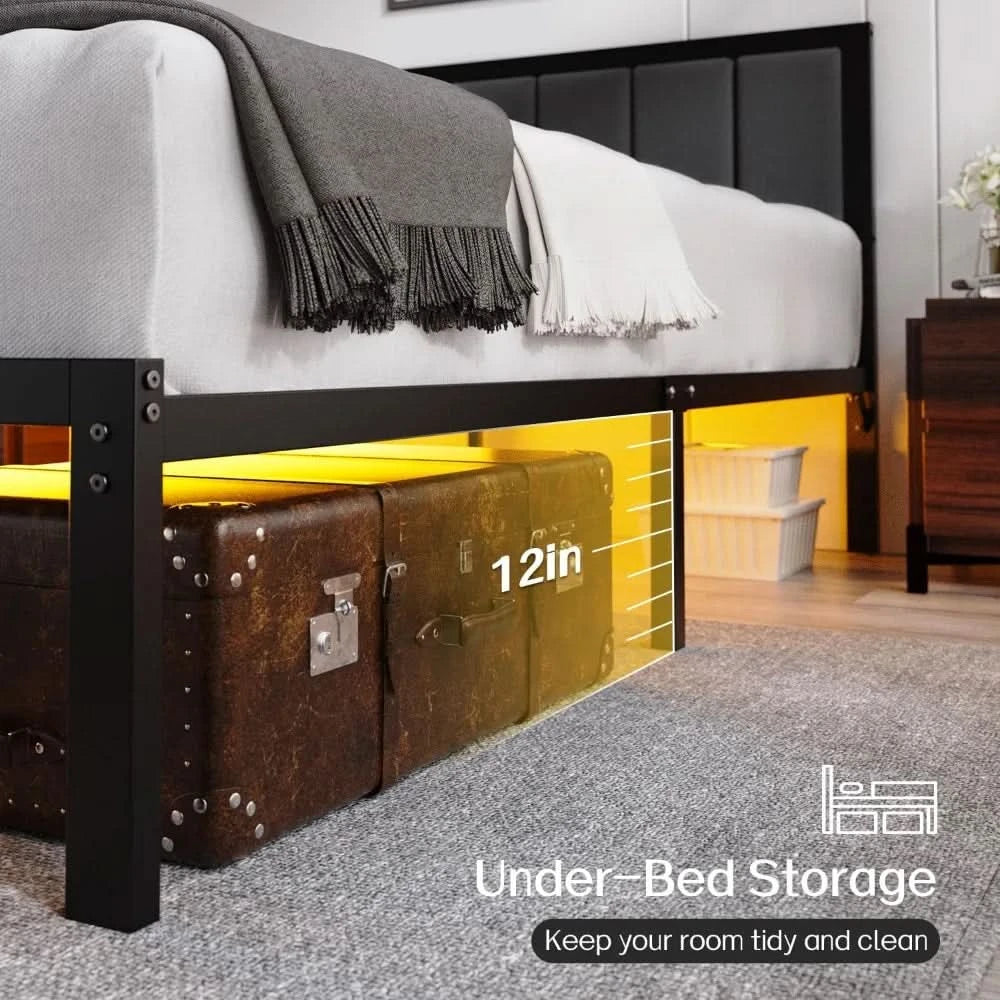 Bed Frame with Headboard Metal Platform Bed with USB Charging Station and LED Lights, No Box Spring Needed Customized