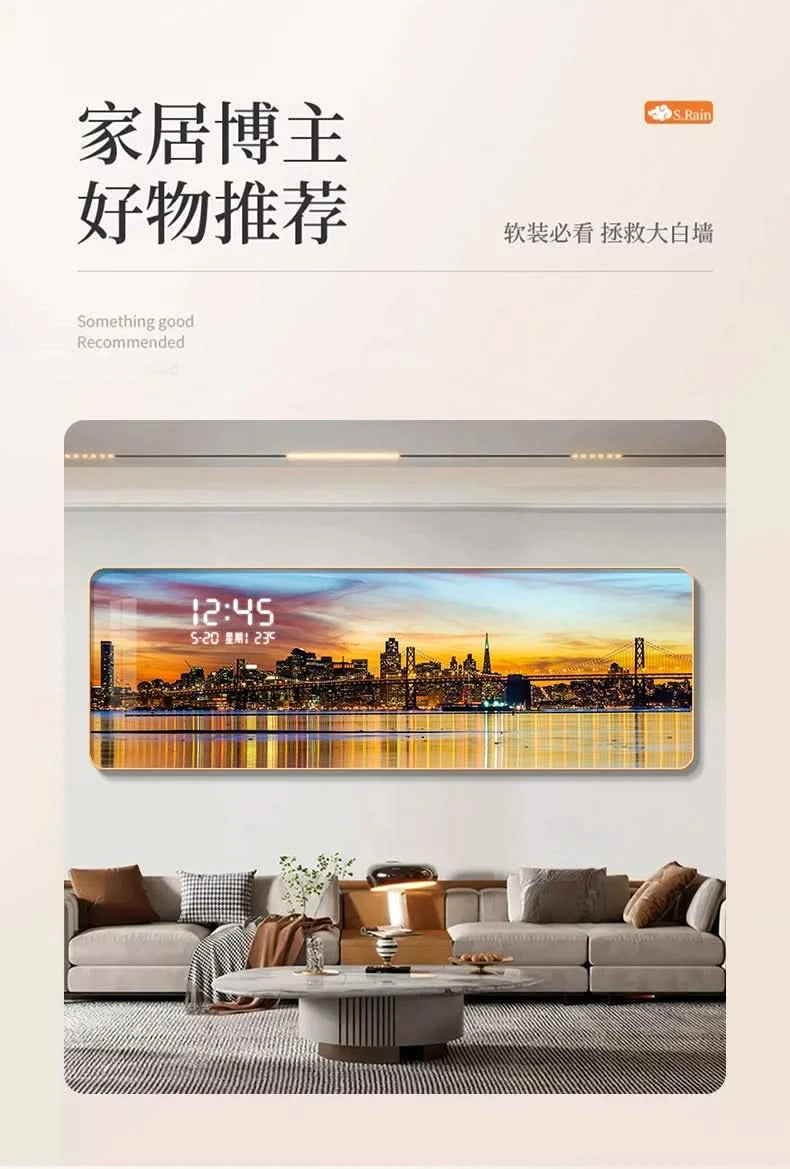 Modern Urban Night Scene Bedroom Bed Head Hanging Art Electronic Clock Landscape Architecture Living Room Sofa Background Wall D