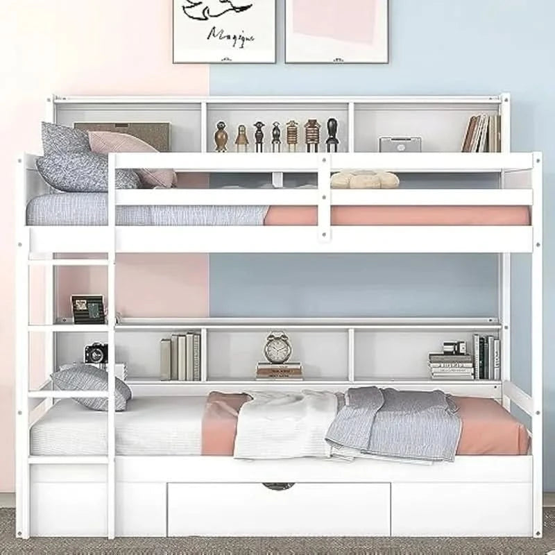 Twin over Twin Bunk Bed with Storage Drawer, Solid Wood Construction, Built-in Shelves on Each Side