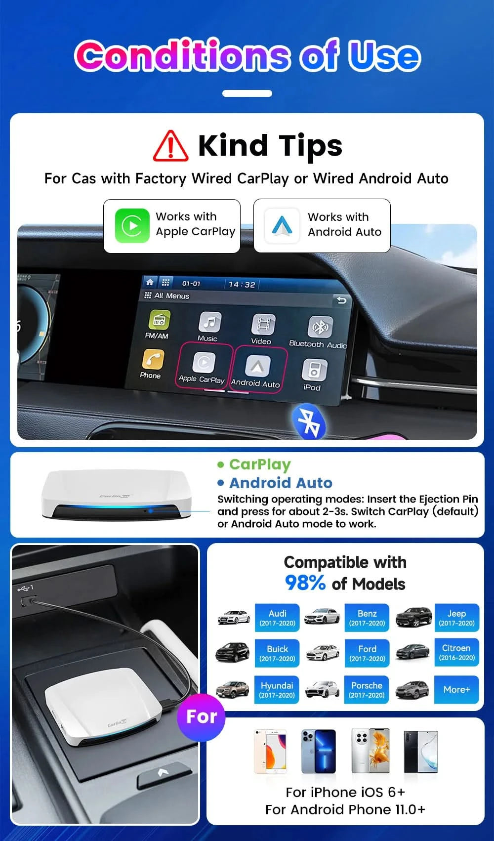 Carlinkit HDMI Output Car Tv Mate Carplay Qualcomm 6225 8-Core Android Auto Wireless Adapter Support Youtube Gps Split Screen