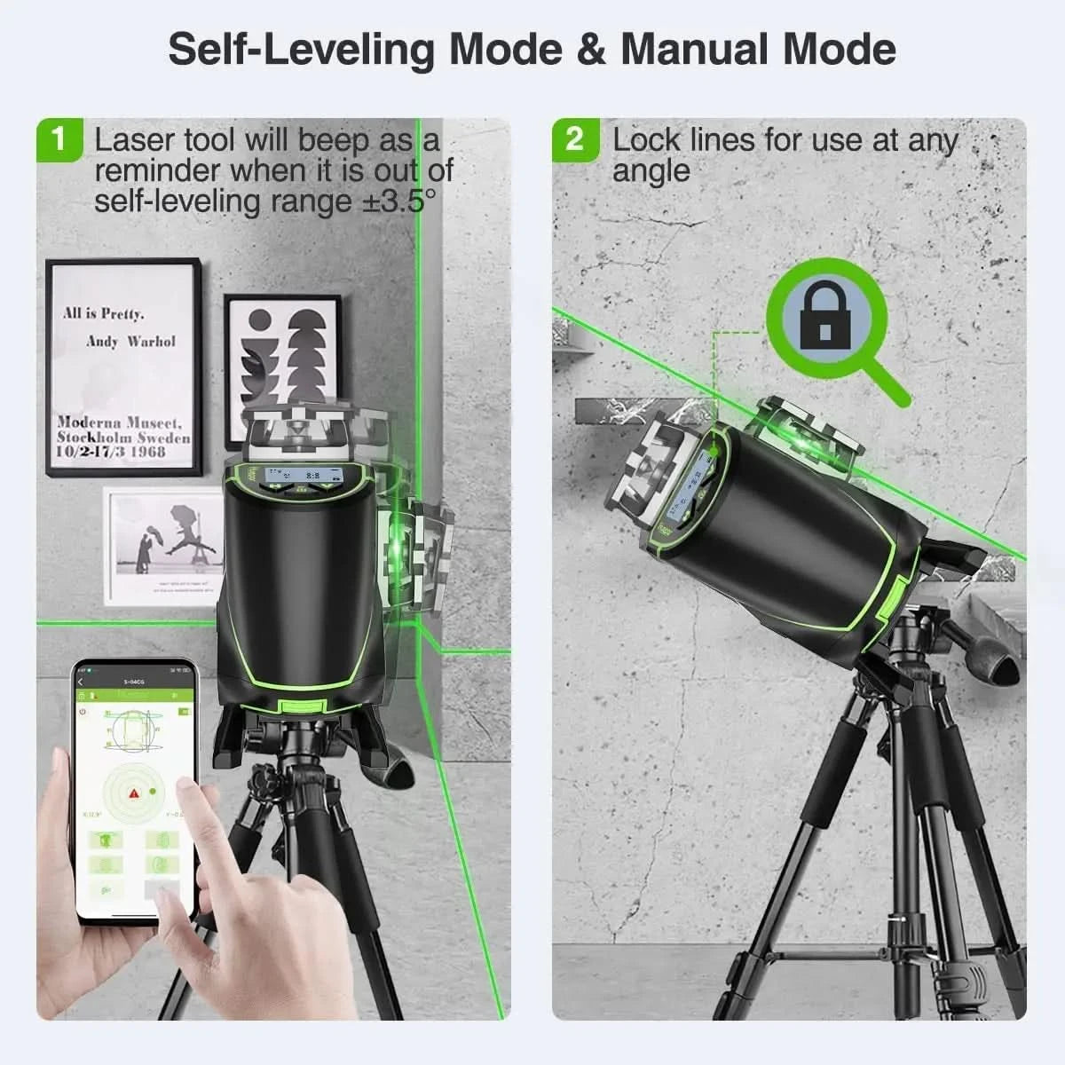 Huepar 4D 16 Lines Laser Level Self Leveling 4x360°Cross Line LCD Screen Bluetooth Remote Green Beam Tiling Floor with Receiver