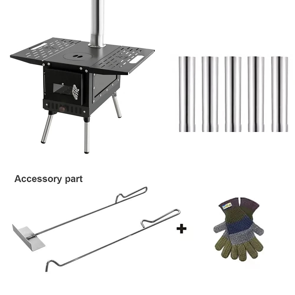 Camping Wood Stove Fire View Side Glass Portable Folding Wood Burner with Chimney Stainless Steel Tent Heater for Ice Fishing