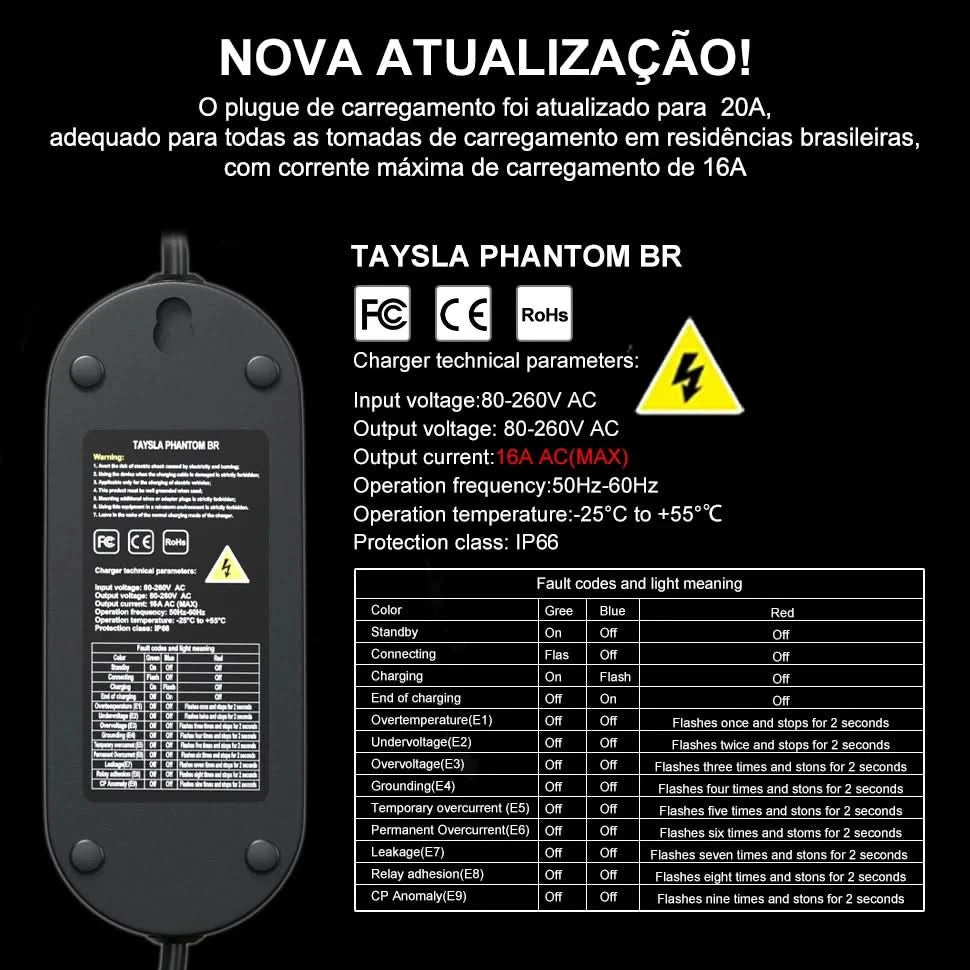 TAYSLA Type 2 Portable Electric Vehicle Charger 3.5KW Brazilian Electric Vehicle Charging Cable Plug