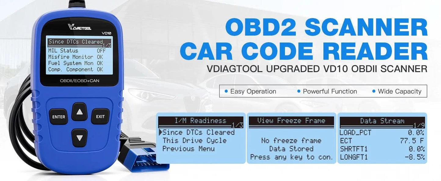 VDIAGTOOL VD10 OBD2 Scanner Diagnostic Tool Automotive Scanner With I/M Readiness Code Reader Check Engine Lifetime Free Update