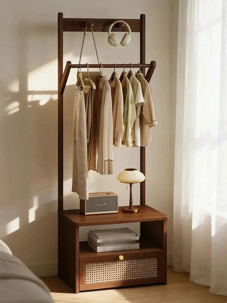 Bamboo 2-in-1 Bedside Rack & Nightstand - Small Space (40/50cm) with Drawer, Shelf & Hanging Rod for Essentials