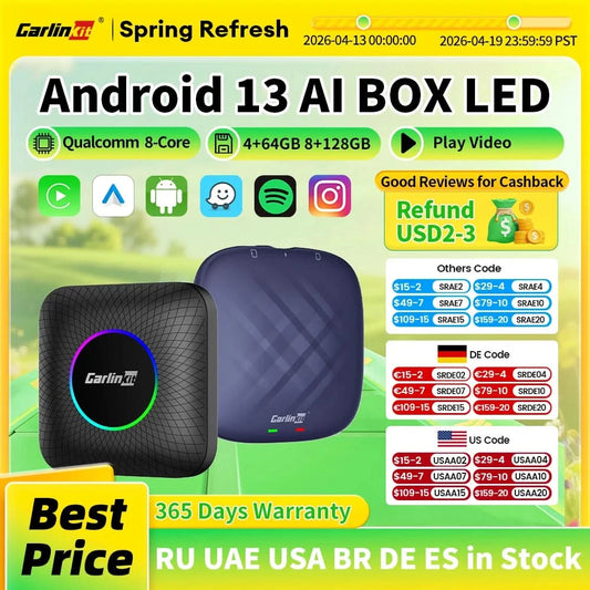 2026 CarlinKit CarPlay AI Box Android 13.0 SM6225 8-Cores Android Auto Wireless CarPlay Adapter 2.4+5GGPS 64G 128G FOTA Upgrade