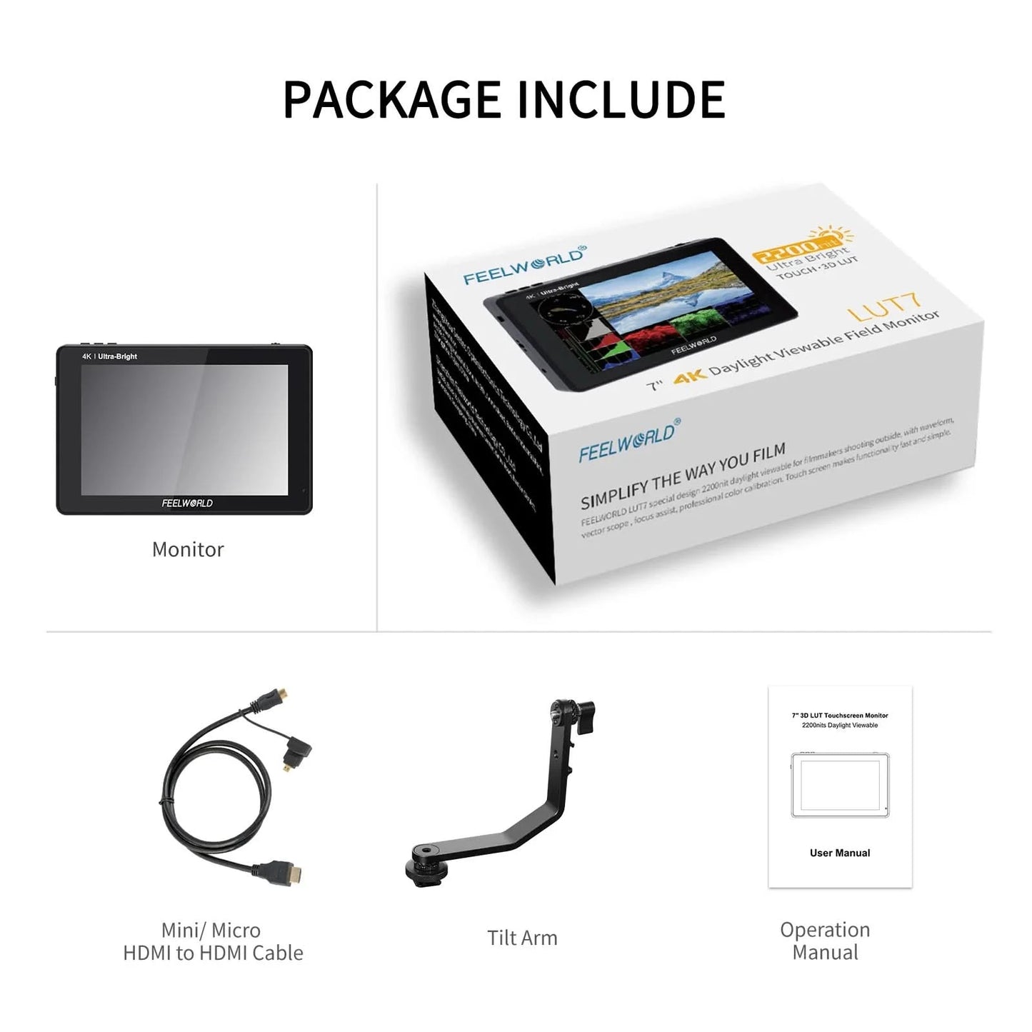 FEELWORLD LUT7 7 Inch 2200nits Touchscreen Camera Field Monitor with 3D LUT HDMI Input Output Waveform VectorScope Histogram