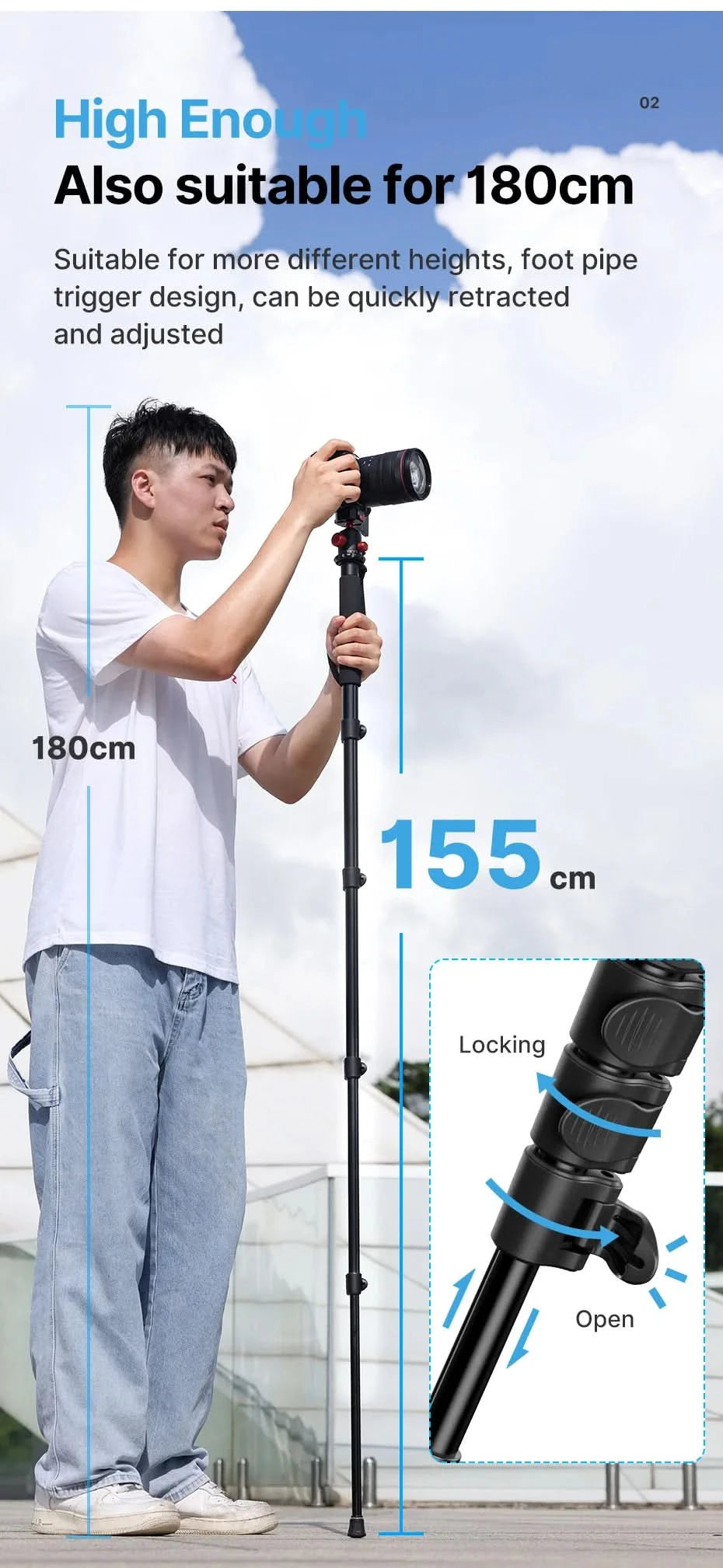 Ulanzi Lightweight Monopod Aluminium DSLR Camera Tripod for  1/4''3/8'' Hiking Travel Selfie Stick Max 155cm Extend 5KG Load