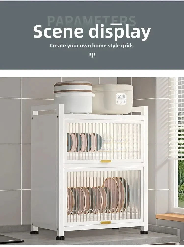 Kitchen cupboard storage box with door, dust-proof bowl rack, countertop, dish storage rack, chopsticks, dishes, drain rack