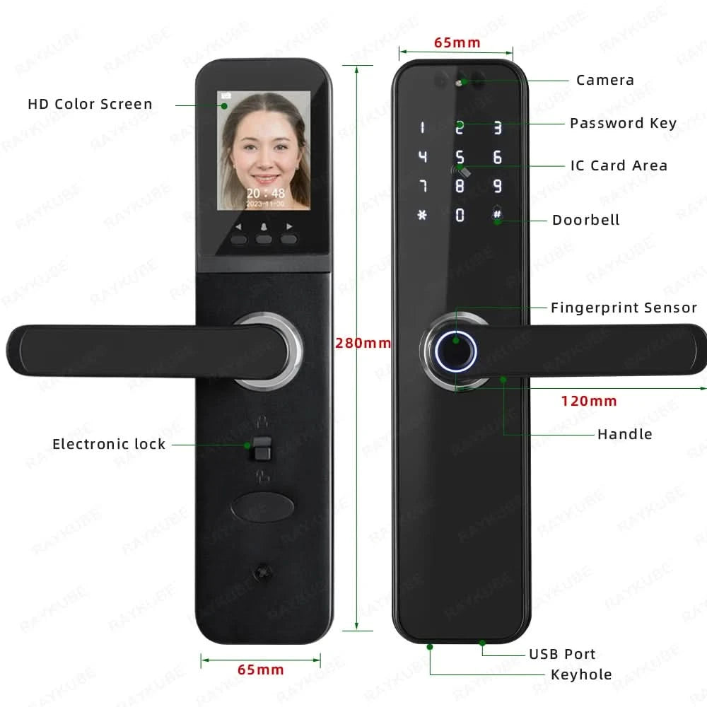 Do Brasil RAYKUBE K12 With lithium Rechargeable Batteries Tuya WiFi Camera Electronic Lock 3D Face Fingerprint Smart Door Lock