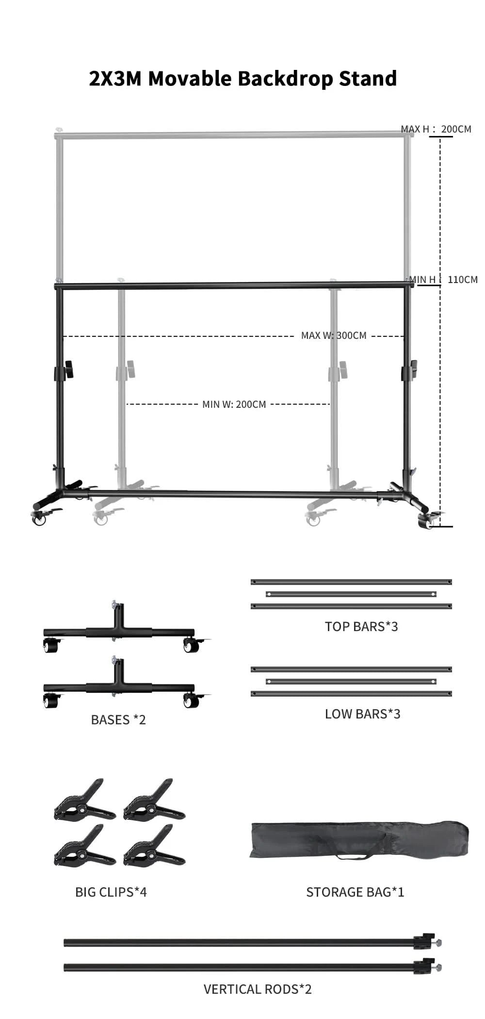 SH 2X2M / 2X3M Background Stand With 4pcs Wheels And 4pcs Fish Clips Photography Backdrop Frame Support For Photo Studio