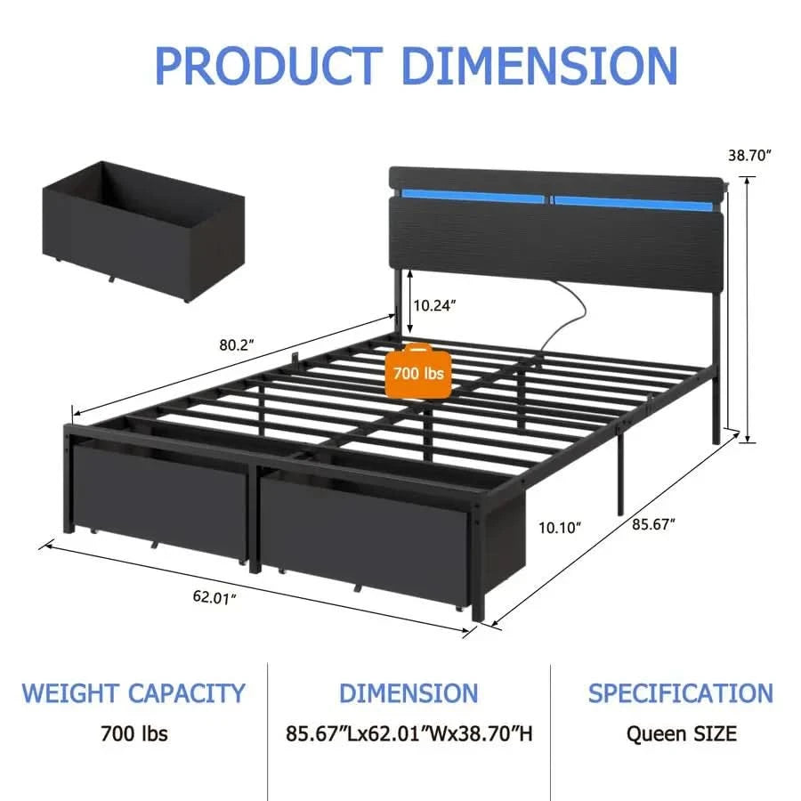 Queen Bed Frame with Wood Headboard, Black Platform Bed with 2 Storage Drawers amp Shelf, Builtin Charging Station  Vellivy
