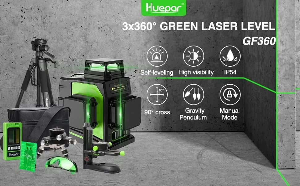Huepar 12 Lines 3D Cross Line Laser Level Kit Osram Self-Leveling Green Beam 360° Vertical Horizontal With Laser Receiver Tripod