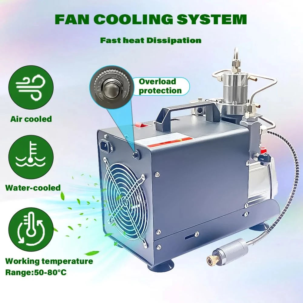NUOGE AUTO-STOP 4500Psi 300Bar PCP Air Compressor  Electric High Pressure Compressor Scuba Diving Tank Filling