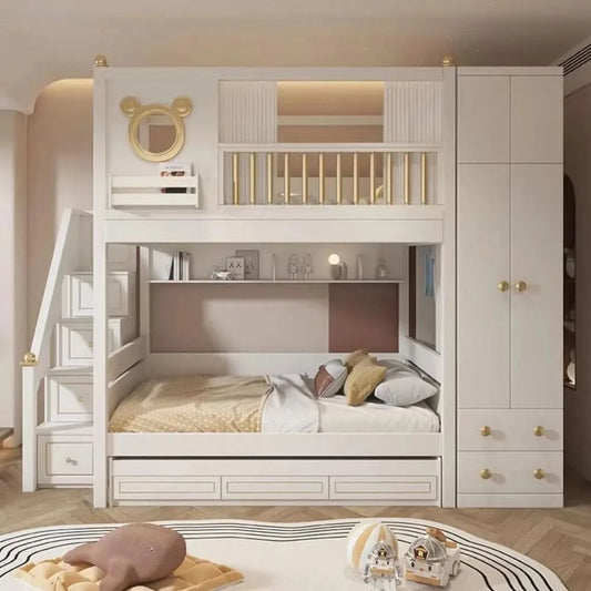 Modern Comfortable Wooden Bunk Bed with Double Top Loft Design Unisex Width Suitable for Nursery  Living Room  with Slide