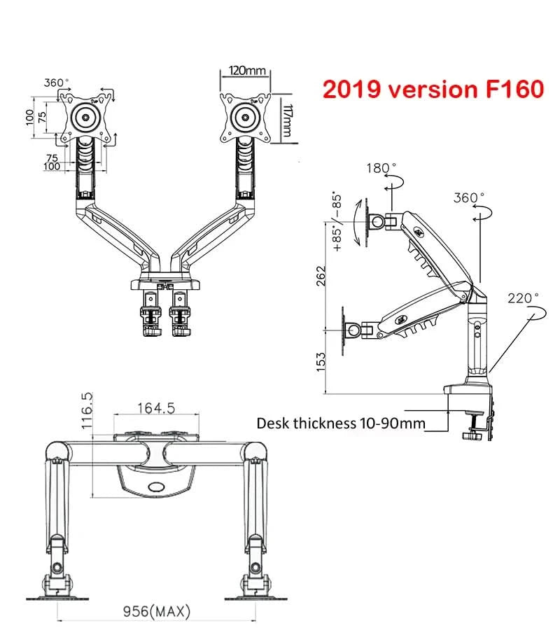 White Color Dual Arm Monitor Support 17-30 Inch  Mount Bracket Holder Load 2-9 Kgs Each NB F160